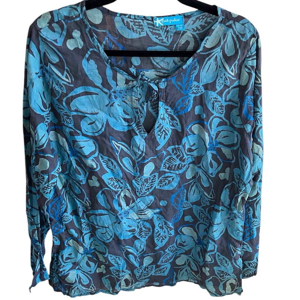 Fresh Produce 100% Cotton Popover Long Sleeve Lightweight Blue Floral Size XL